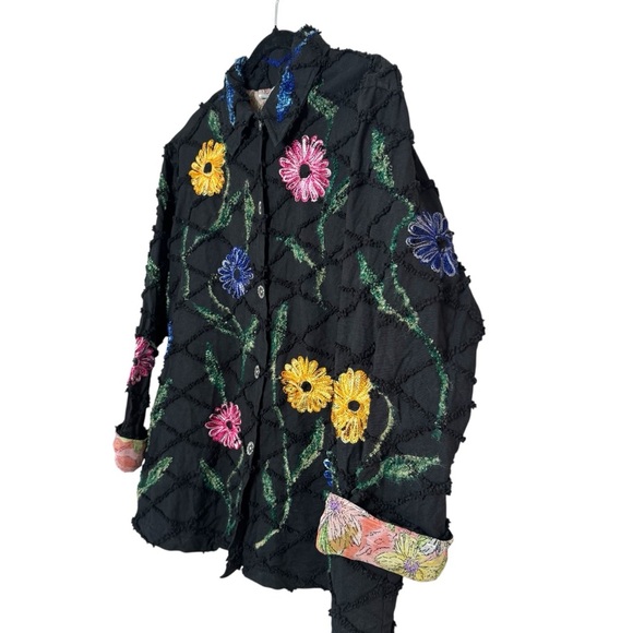 Vintage Roaman's Black Jacket Vibrant Floral Embroidery Yellow Blue Pink Large - Picture 4 of 16